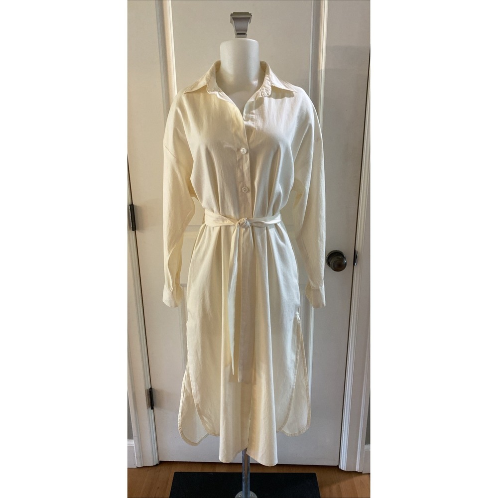 Vitamin A Midi Button Up Belted Shirt Dress Coverup 100% Cotton Women's XS Ivory